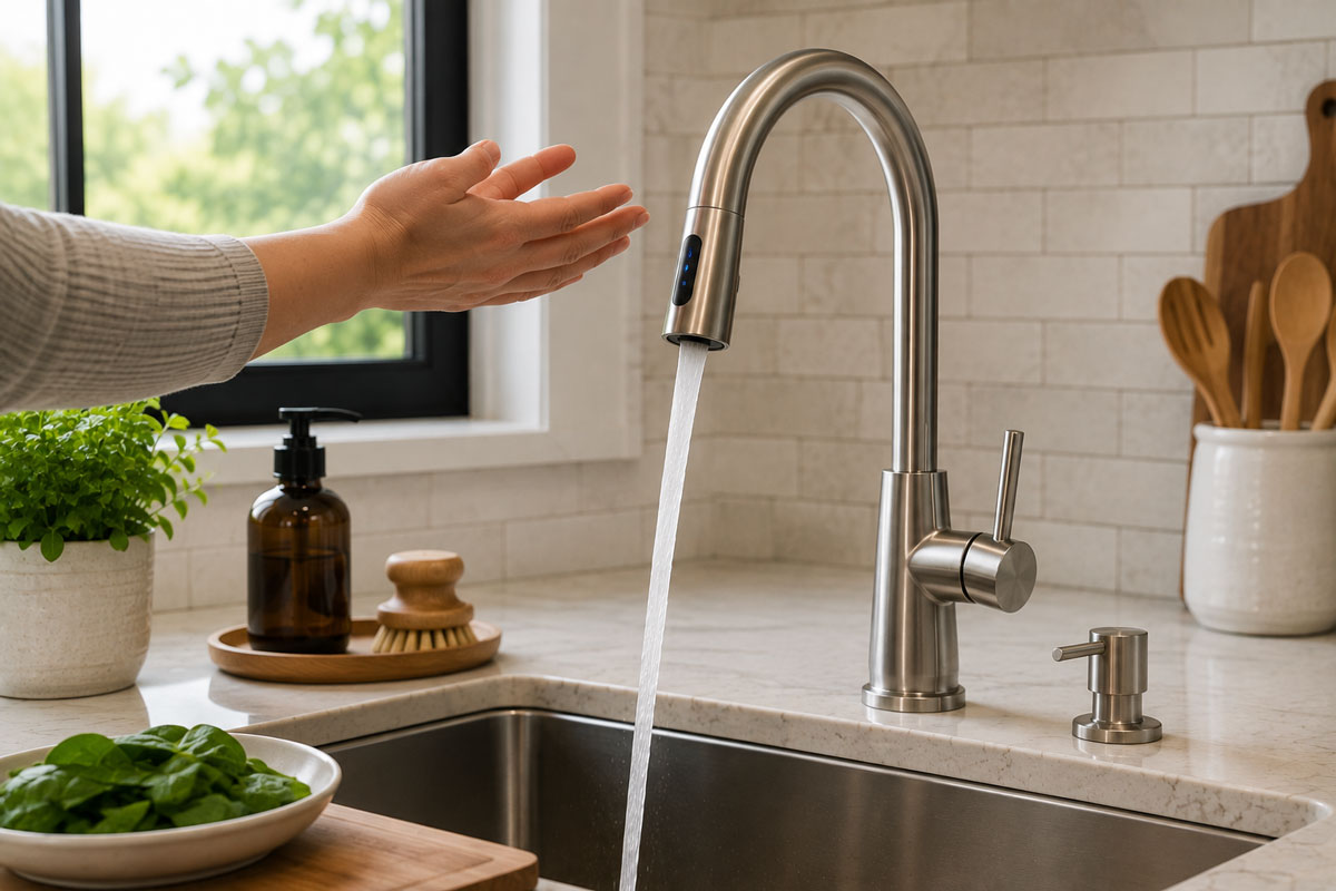 person washing hands using touchless faucet